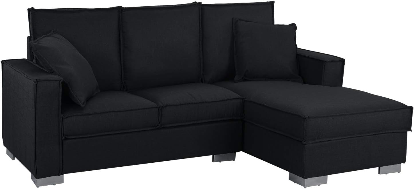 Classic Linen Fabric Sectional Sofa, Small Space L Shape Couch with Chaise (Black
