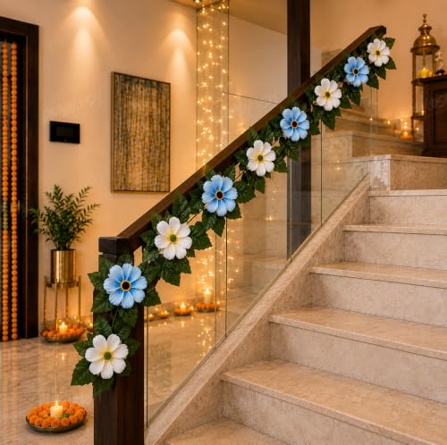 Image of Divyakosh Mango Leaf Vine with White & Blue Cosmos Flowers (6.5 FT) for Door Entrance Decor Creeper | Artificial Flowers Garland,Thoran,Festive Puja Wall Hanging for Diwali Navratri Ganpati Home Decor