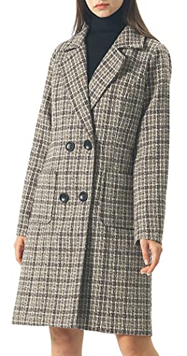 Image of chouyatou Women Elegant Notched Collar Double Breasted Wool Blend Over Coat (X-Large, Khaki-Plaid)