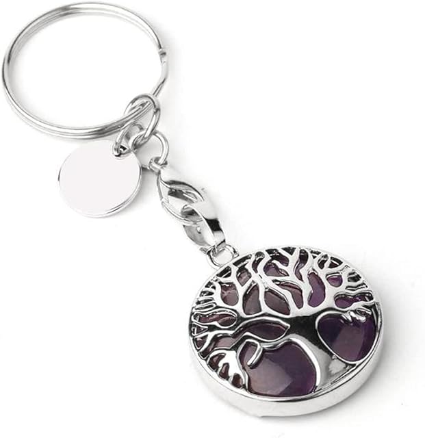 Life Tree Keychain Natural Crystal Stone Key Chain Keyring Art Key Rings Round Hollow Keyring Stainless Steel Bag Pendant Keychain Lucky Pendant Charms Accessories