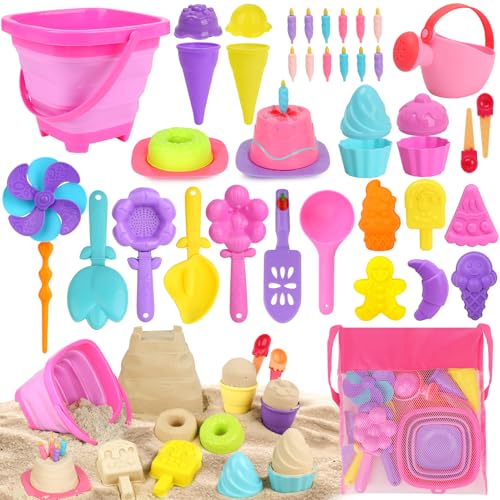 Collapsible Beach Toys Set for Kids 3-10, Collapsible Sand Bucket Shovels Set with Mesh Bag and Beach Molds, Ice Cream Sand Toys for Beach, Sandbox Travel Toys for Kids Toddlers Girls