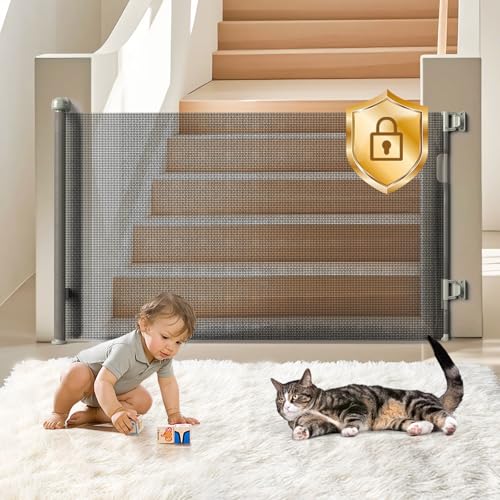 Image of GROWNSY Retractable Baby Gate, Mesh Baby/Pet/Dog/Cat Gate 33" Tall, Extends to 55" Wide, Extra Wide Child Safety Gate for Doorway, Stairs, Hallways, Kitchen, Indoor/Outdoor， Gray