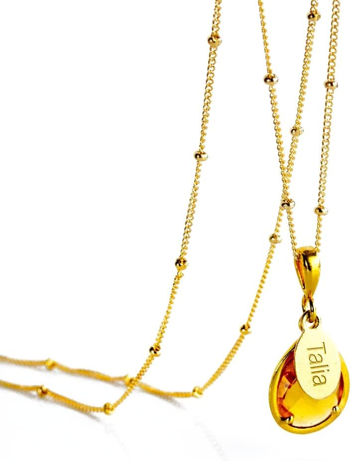 Personalized Birthstone Necklace, Teardrop Shaped Gemstone Pendant Necklace With Engraved Name [TPwOV] (Citrine)