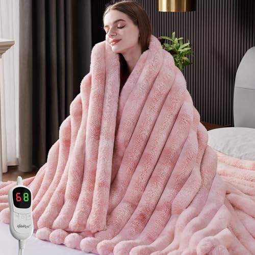 HaloRest Heated Throw Blanket Faux Fur Cozy Heating Blanket with Overheat Protection 1/2/4/6/8 Hours Auto-Off 10 Heat Level Machine Washable (62x84 Inches Tie-Dye Pink)