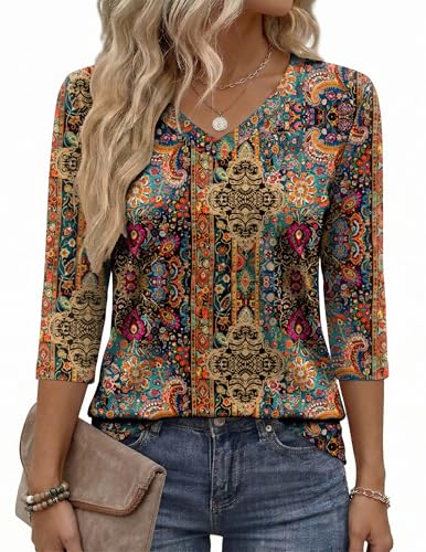 Image of Zeagoo Womens Blouse Casual 3 /4 Length Sleeve V Neck Basic T-Shirts Spring Summer Cute Tunic Tops Business Work Tees