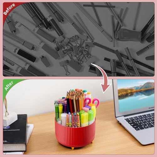 Image of Marbrasse Desk Organizer, 360-Degree Rotating Pen Holder for Desk, Desk Organizers and Accessories with 5 Compartments Pencil Organizer, Art Supply Storage Box Caddy for Office, Home (Red)
