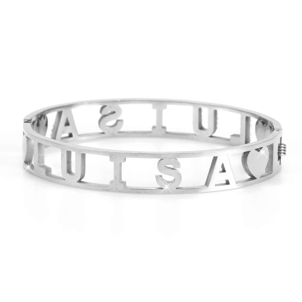 Flowers Bracciale Rigido Acciaio con Nome Vari e Zirconcini Sacchettino in tessuto Scritta nome ricoperta di strass Brillantissimi Bracciale a Manetta Donna Chiusura a molla Idea Regalo