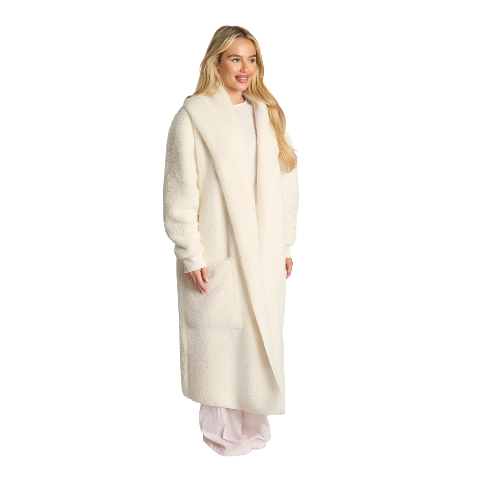 Ohs Women's Cream Cardigan Waterfall Teddy Fleece Longer Length Open Front Long Sleeve Wrap Style Cardigan Sweater With Pockets Ultra Soft Warm Casual Wear & Lounging, -S/M