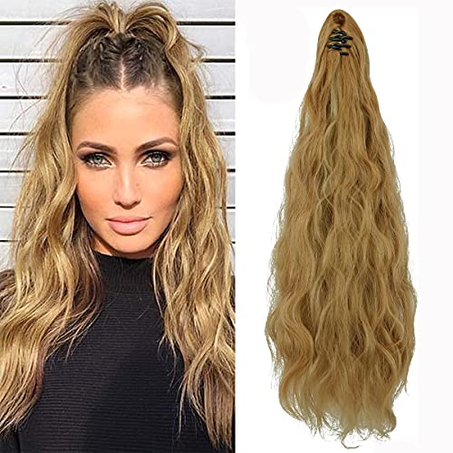 OKHOTY Ponytail Extension Mini Jaw Claw 18" 24" Curly Wavy Straight Clip in Hairpiece One Piece A Jaw Long Pony Tails for Women(24Inch Ash Blonde Mix Giner)
