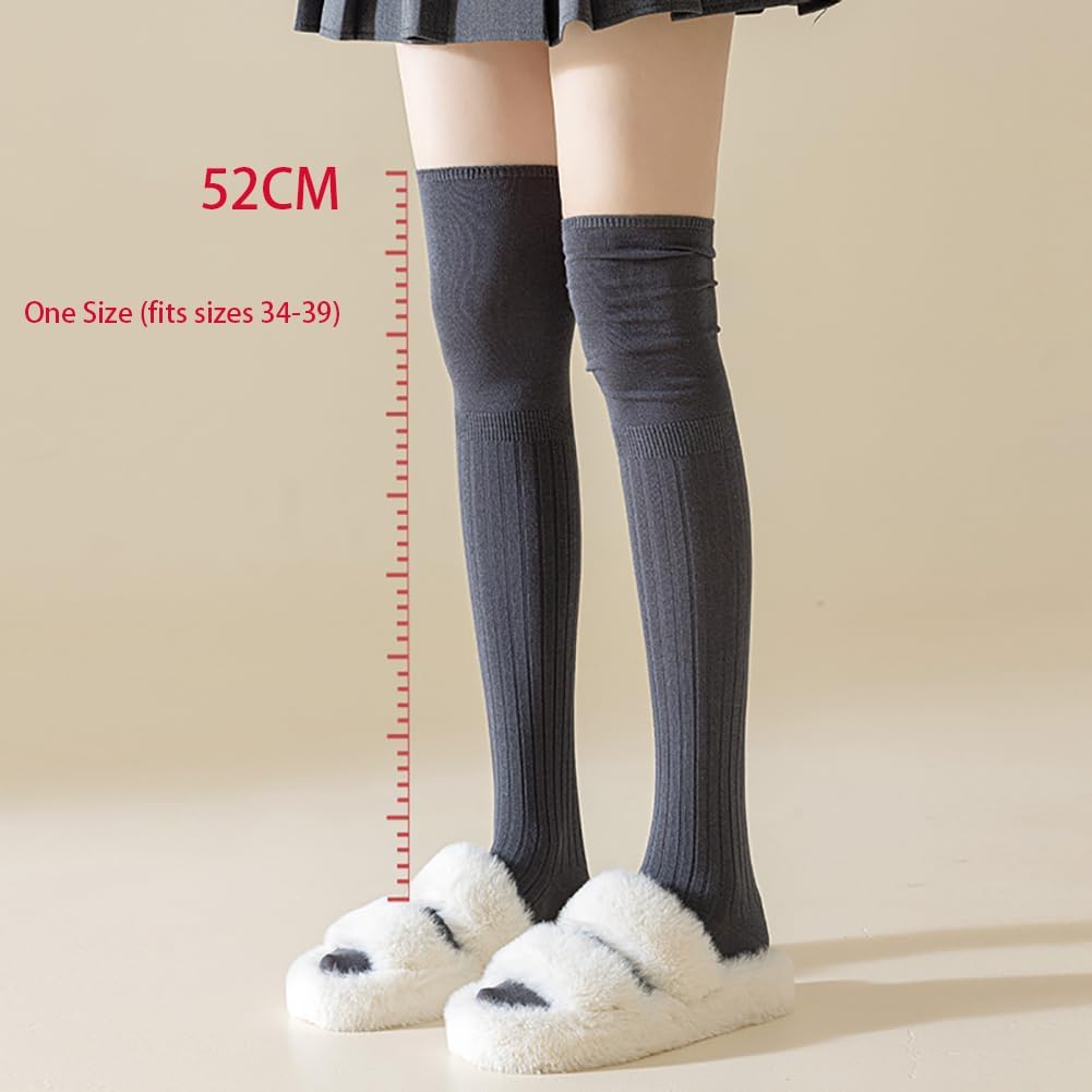 Three pairs Over-the-Knee Cotton Socks, Ribbed Knit, Elastic Fit, Cream White