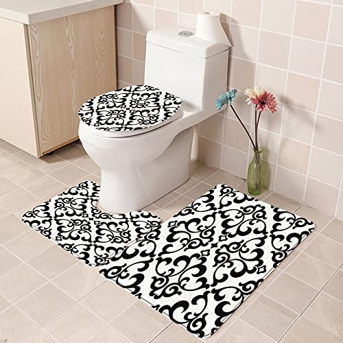 URSOPET Badezimmer Set, rutschfeste Badematte und WC-Vorleger-Set, Grauer Blumen-Blumenmuster-barocker Damast… – Bild 5