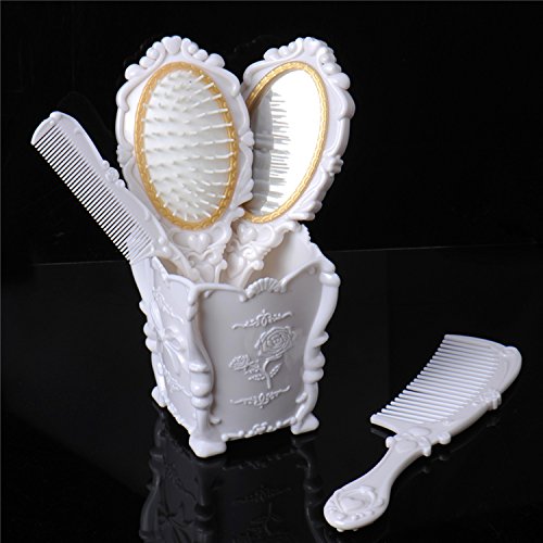 MARIAHANAN 5pcs/set Retro Royal Women Dressing Table Mirror Combs Flroal Paddle Massage Comb Hairdressing Salon Hair Brush Set with Shelf Holder (White)