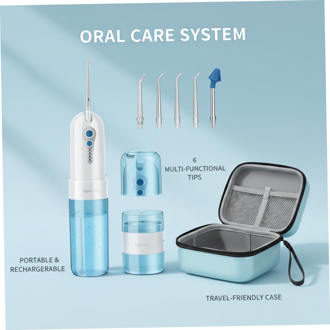 Flosser de agua inalámbrico - Irrigador oral recargable azul portátil con estuche de viaje, IPX7 impermeable 4 modos 5 boquillas para viajes a casa