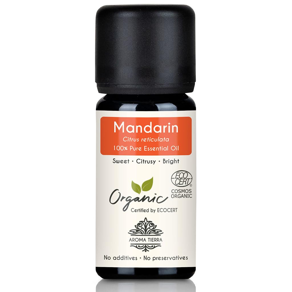 Aroma Tierra Organic Mandarin Essential Oil 10ml - 100% Pure & Natural (Citrus reticulata) - Sweet, Citrusy & Uplifting - For Diffuser, Aromatherapy, Relaxation, Skin Care & Perfumery