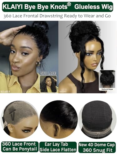Image of KLAIYI Water Wave Pre Cut 360 Full Lace Frontal Glueless Wig Human Hair Drawstring Pre Plucked Bleached Bye Bye Knots Pre Everything Ready to Wear And Go Curly Beginner Wig with Baby Hair 180% 24Inch