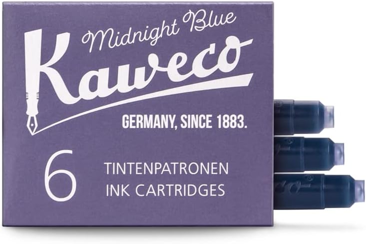 Kaweco Fountain Pen Ink Cartridges Midnight Blue Pack of 6 | Premium Ink with Short Standard Cartridges in Blue | Vegan Cruelty Free Water Soluble Calligraphy Lettering Writing