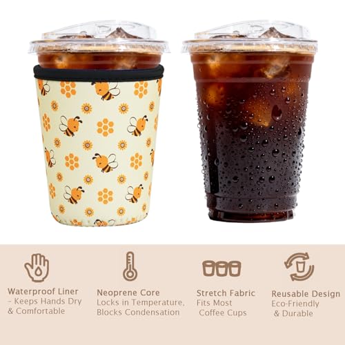 Image of Reusable Insulated Sleeve for Iced Coffee Cup, 3-Pack Coffee Neoprene Drink Sleeve for Cold & Hot Drinks, Beverage Holder for Iced Coffee (Honey Bees)