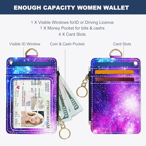 Image of Slim Wallet Credit Card Holder, Starry Sky, RFID Wallet Women Cute Small Front Pocket Wallet With Zipper, PU Leather Thin travel RFID Blocking Card Case ID Window,Ladies Gifts