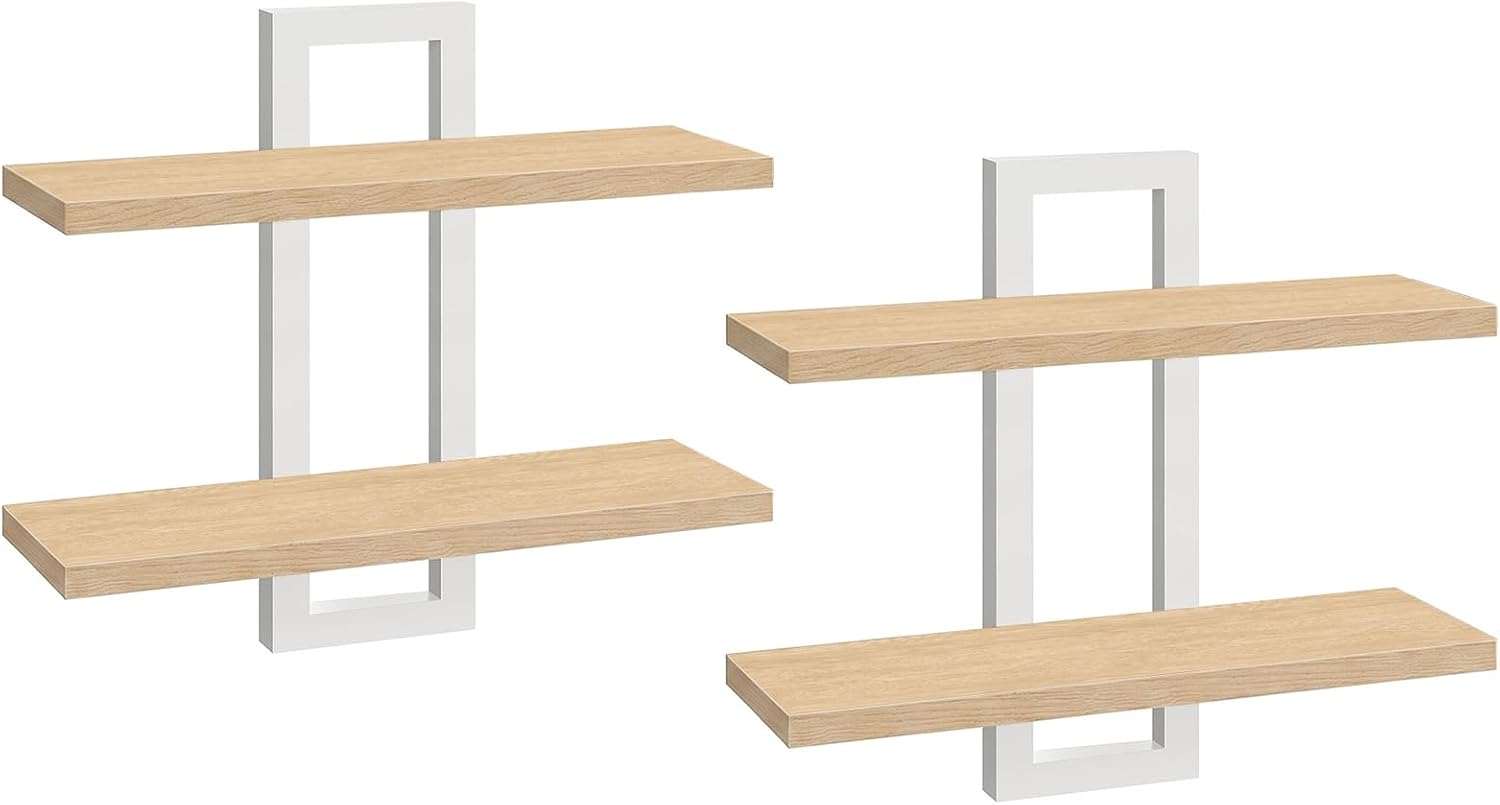 HOOBRO 2-Tier Floating Shelves, 15 Inch Wall Shelf Set of 2 | Wall Mounted Storage Shelves, Hanging Bathroom Shelves, for Living Room, Bedroom, Bathroom, Kitchen, Rustic Brown and Black
