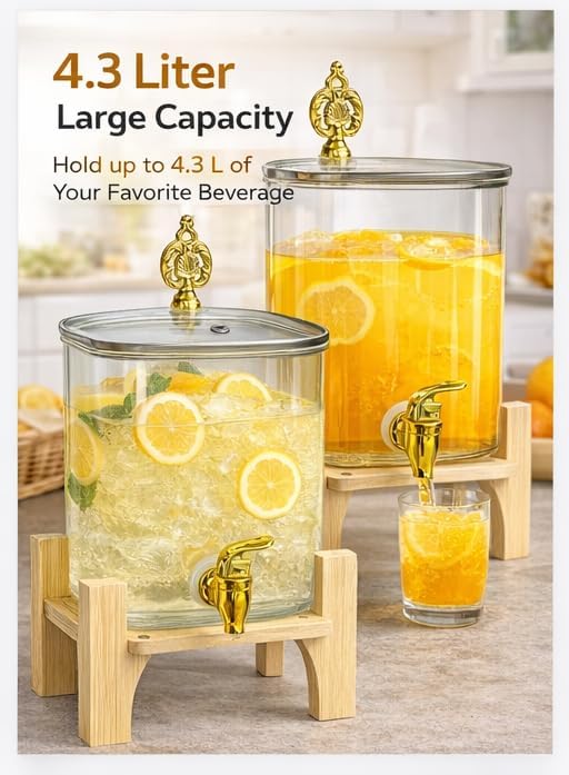Image of 3 Litre Borosilicate Glass Detox Water jug Dispenser with Wooden Stand, Beverage Dispenser for Beer, Water, Cocktails, Detox Drinks & More, Perfect for Parties &,Daily Uses (Set of 1)