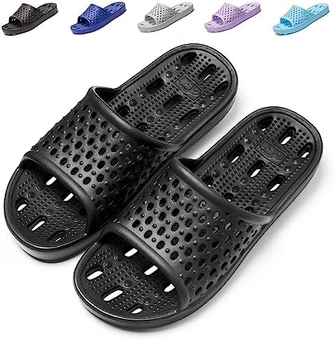 Aoowoll Men Shower Shoes Women Slippers Sandals Non Slip Rubber Flip Flops Bathroom Plastic Slides with Holes (Black EU44-45)