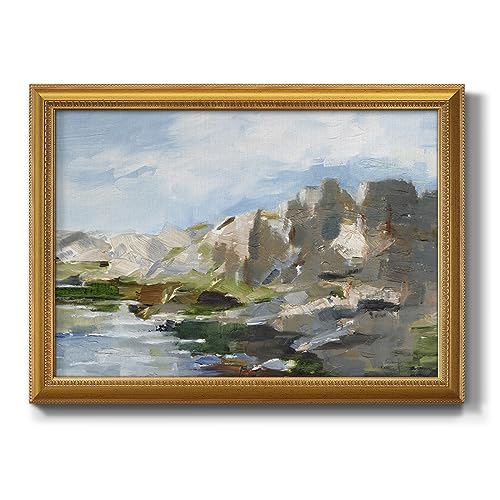 Renditions Gallery Landscape Wall Art Abstract Mountain and Lake Painting Picture Modern Wall Décor for Home Gold Framed Canvas Prints Artwork for Living Room and Bedroom 22x31 Inch