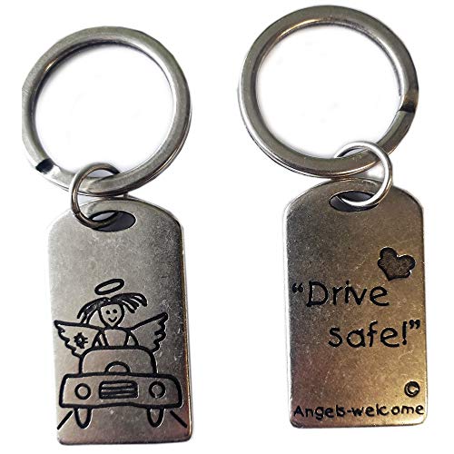 Preisvergleich Produktbild Schlüsselanhänger am Ring versilbert, Drive Safe, in schönen Organzabeutel. Schlüsselbund Schlüsselring