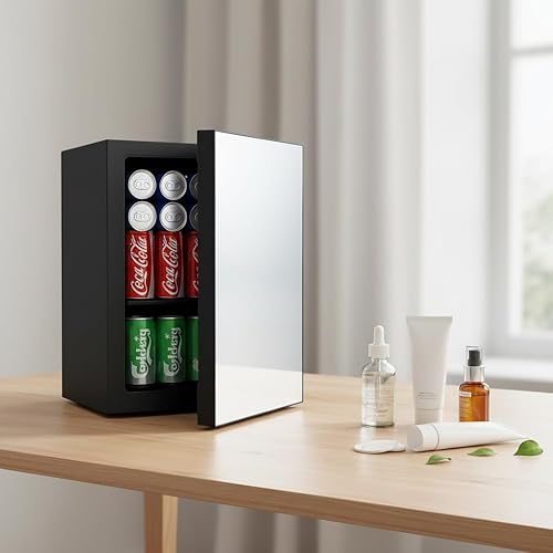 Miniatura 10 de Mini refrigerador de 0.95 pies cúbicos y refrigerador de belleza, mininevera para 24 latas con puerta espejo, control de temperatura, estante Puerta