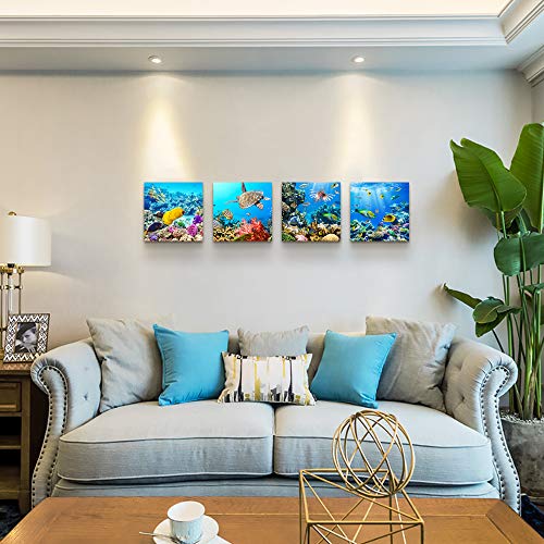 Image of Bathroom Wall Decor Canvas Wall Art For Living Room Office Decor Modern Bedroom Home Decor 4 Panels Stretched And Framed Ready To Hang Blue Ocean Theme Sea Fish And Sea Turtles Undersea World Draw