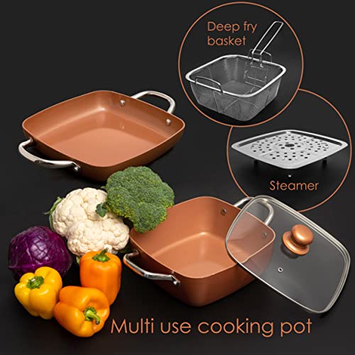 Moss & Stone Copper 6 Piece Set Chef Cookware, Non Stick Pan, Deep Square Pan, Fry Basket, Steamer Tray, Dishwasher & Oven Safe, 5 Quart Copper Pot Set, Copper Induction Cookware Set #TOP1