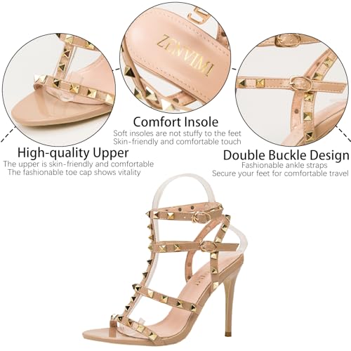 Women's Studded Strappy Leather Stiletto Heels Sandals with Adjustable Ankle Buckle Sexy Open Pointed Toe Fashion T-Strap Roman High Heel Pumps for Party Prom Dress Shoes3