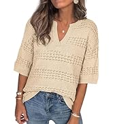 PRETTYGARDEN Womens Crochet Tops Casual Cotton Hollow Out Knit Short Sleeve Oversized Sweater for...