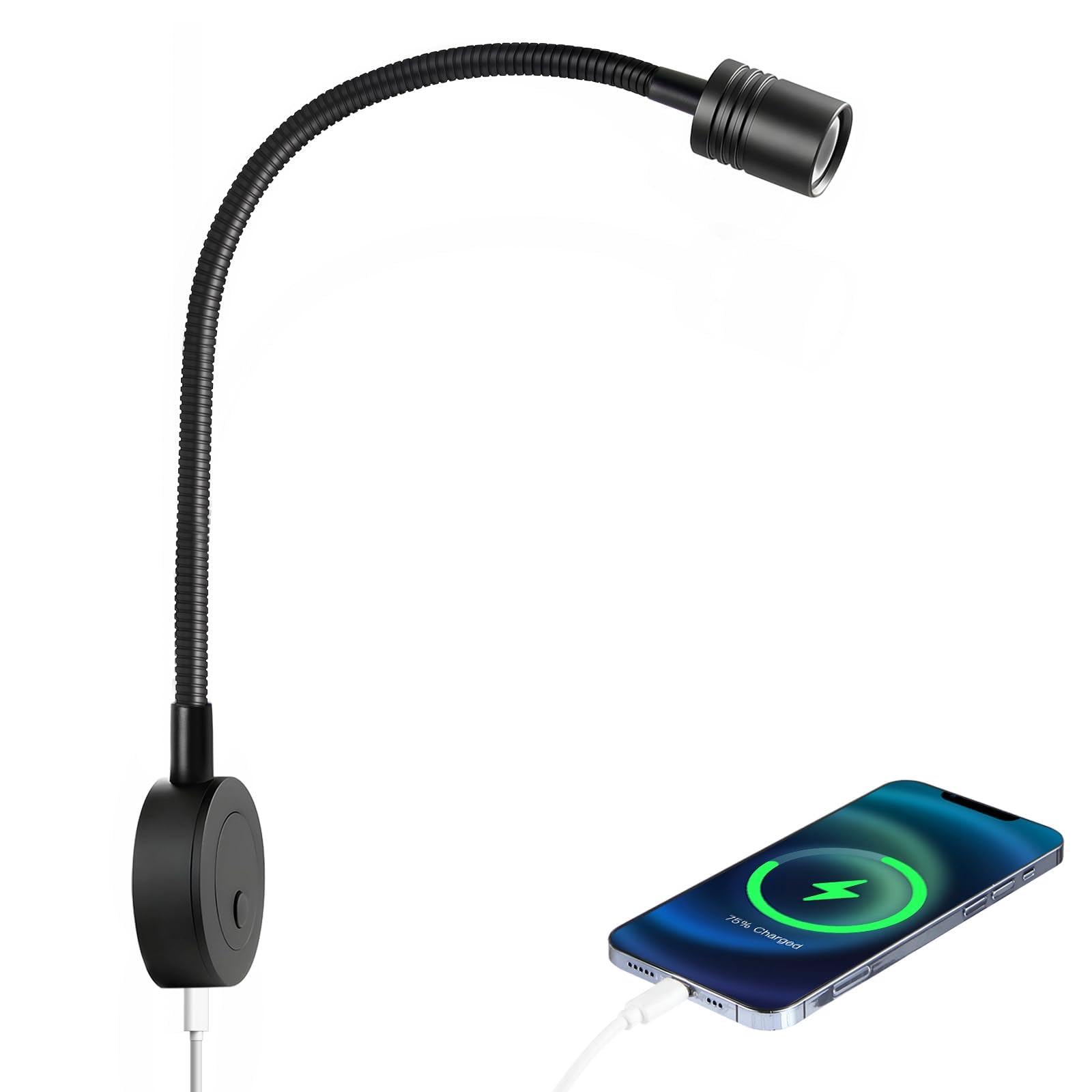 Lampe de Lecture 12V LED Spot 3200K (Dimmable) et Veilleuse Rouge Douce, Équipé de Ports USB-C Chargeur, Flexible Col de Cygne Applique pour Camping-Car Bateau Caravane Voiture (1 pièce)