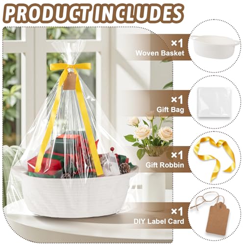 Image of OIAHOMY Small Woven Basket with Gift Bags, Ribbons & DIY Label Card, Baskets for Gifts Empty, Small Rope Basket 13.4 * 10 * 5.5IN, Cute Decorative baskets with Handles for Baby Pets, Toys, White