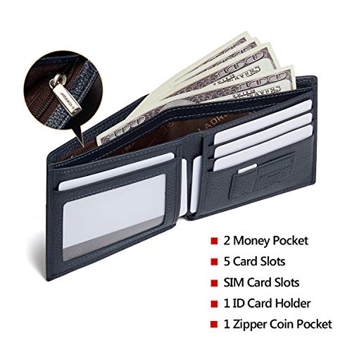 Image of LAORENTOU Men's Wallets Genuine Leather Mens Bifold Wallets with Zipper Coin Pocket Casual Men Purse Slim Wallet, 01 Dark Blue, One Size, Classic