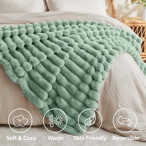 Image of BEDELITE Faux Fur Throw Blanket for Couch, 770GSM, 60 inch x 80 inch, Sage Green | Soft and Cozy Luxurious 3D Striped Fluffy Blanket, Warm Plush Fuzzy Faux Rabbit Fur for Women Gift, Stylish Room Decor
