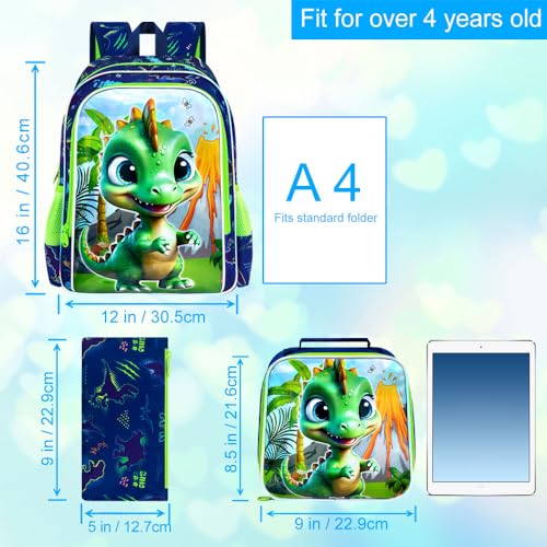 Image of 3Pcs Dinosaur Backpack for Boys, 16 inch Bookbag with Lunch Box, Kids School Backpacks Set for Elementary Preschool Kindergarten (Green)