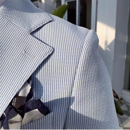 Mens Striped Seersucker Suit 2 Piece Slim Fit Casual Suit for Wedding Lightweight Tuxedo3