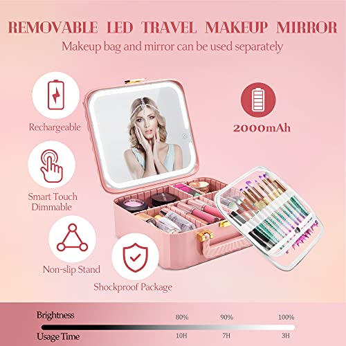 Dtbg Travel Makeup Bag With Mirror Led Light 3 Color, Makeup Train Case Cosmetic Bag Organizer With Adjustable Dividers & Brush Bag, Portable Artist Waterproof Travel Makeup Box For Women - Rose Gold #TOP3