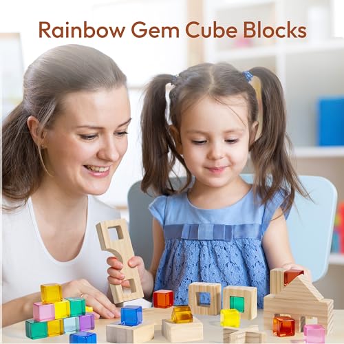 Image of Woodtoe 47 PCS Rainbow Blocks Set, Wooden Building Blocks for Kids Ages 3-6 | Montessori Stacking Blocks Toys, 25 Gem Blocks, 22 Wooden Blocks, Educational STEM Creative Birthday Toys Gifts for Boy Girl