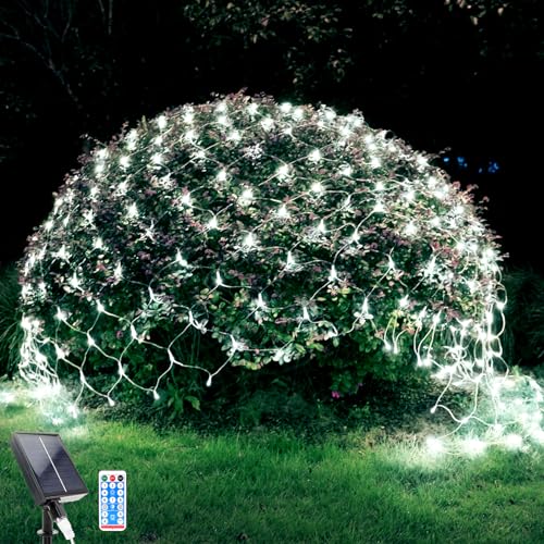 WoskjXas Solar LED Net Lights, 198 LED Mesh Fairy Lights, 8 Modes, 6.6 Ft x 9.8 Ft Garden Net Curtain Light, Remote Control