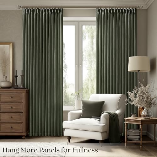 Image of Dark Green Pinch Pleated Semi Sheer Linen Curtains 108 Inch Extra Long | Hunter Green, Floor To Ceiling, Non See Through Privacy, Living Room, Burlap Textured, Hook Rings Memory Shape, Elegant Boho
