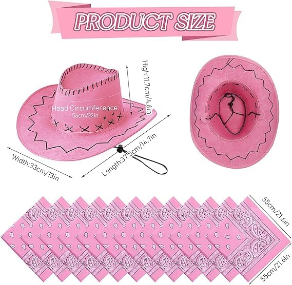 MALLOOM Lot de 24 Chapeau de cowboy western, accessoires de déguisement, ensemble bandana à motifs cachemire, chapeaux de cowgirl en gros pour femmes et hommes, déguisements et fêtes (Rose)