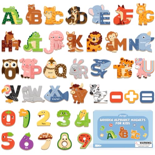 Image of Joyreal Magnetic Letters for Toddlers, 65PCS Wooden Animal Alphabet & Number Fridge Magnets, ABC Magnets with Storage Box, Montessori Spelling & Reading Learning Toy, Educational Gift for Ages 2-5