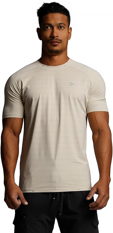 Men Muscle Fitness Quick Dry T-Shirt - Moisture Wicking Perforated Slim Fit Gym Top with Reflective Logo