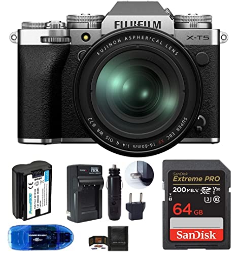 Image of Fujifilm X-T5 Mirrorless Digital Camera with XF 16-80mm f/4 R OIS WR Lens Bundle, Includes: SanDisk 64GB Extreme PRO SDXC Memory Card, Spare Battery + More (6 Items) (Silver)