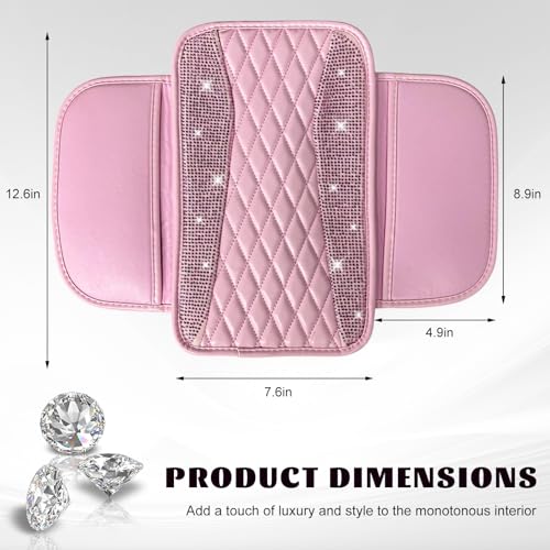 Fkewp Bling Car Center Console Cover, Sparkling Leather Armrest Cushion Pad with 2 Storage Pockets, Comfortable Shiny Middle Console Cover for Most Vehicles, Car Accessories (Pink) - Thumbnail 2