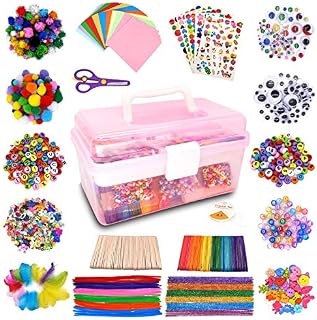 Irichna 1000+ Pcs Kids Craft Box Kit, Toddler Arts and Crafts for Kids Includes Pom Poms, Pipe Cleaners, Feather, Folding Craft Box - All in One for Kids Toddler DIY Craft Set (Pink)