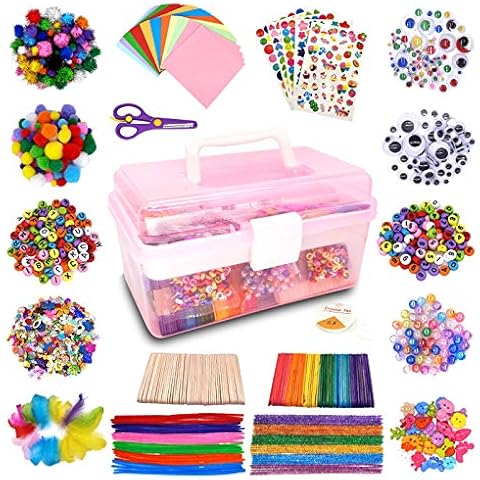 Irichna 1000+ Pcs Art and Craft Supplies for Kids, Toddler DIY Craft Art Supply Set Included Pom Poms, Pipe Cleaners, Feather, Folding Storage Box - All in One for DIY Craft Set (Pink) Cover