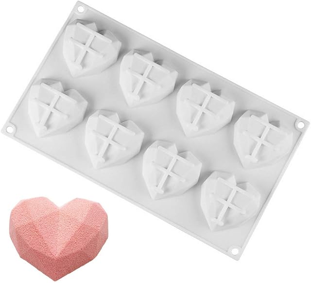 nuoshen 8-Cavity Diamond Heart Silicone Mould, 3D Love Diamond Heart Shape Dessert Tools for Handmade Cake Chocolate Ice DIY Wax Melt Molds